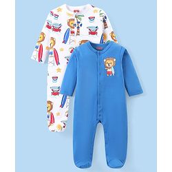 Babyhug Cotton Knit Full Sleeves Sleepsuits With Animal Print Pack Of 2 - Multicolor