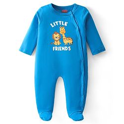 Babyhug Interlock Full Sleeve Footed Sleepsuit Lion & Giraffe Print - Blue