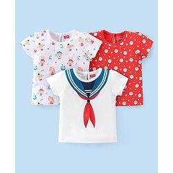 Babyhug Cotton Knit Half Sleeves T-Shirts with Frill Detailing Teddy Print Pack of 3 - Multicolour