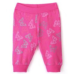 Babyhug Cotton Looper Knit Full Length Lounge Pants Butterfly Print- Fuschia