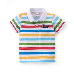 Babyhug Cotton Knit Half Sleeves Striped Polo T-Shirt with Applique Detailing - Multicolour