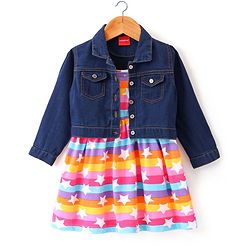Babyhug 100% Cotton Knit Frock With Full Sleeves Denim Jacket Star Print- Multicolour