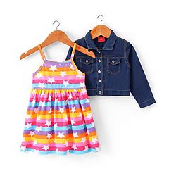 Babyhug 100% Cotton Knit Frock With Full Sleeves Denim Jacket Star Print- Multicolour