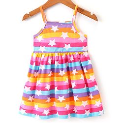 Babyhug 100% Cotton Knit Frock With Full Sleeves Denim Jacket Star Print- Multicolour