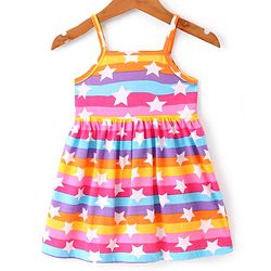 Babyhug 100% Cotton Knit Frock With Full Sleeves Denim Jacket Star Print- Multicolour