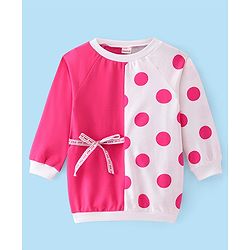 Babyhug Cotton Knit Full Sleeves Polka Dots Printed Frock with Cut & Sew Design - Pink & White