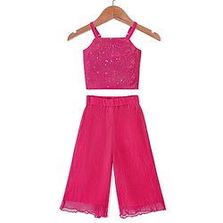 Babyhug Sleeveless Sequinned Top and Pleated Mesh Palazzo - Hot Pink