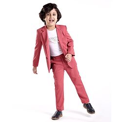Babyhug Woven Full Sleeves Stretch Party Suit & T-Shirt with Text Print - White & Salmon Pink