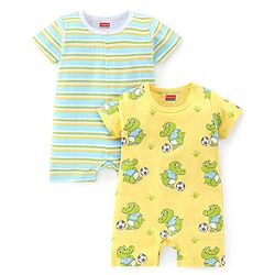 Babyhug 100% Cotton Knit Half Sleeves Rompers with Crocodile Print Pack of 2 - Yellow & Green