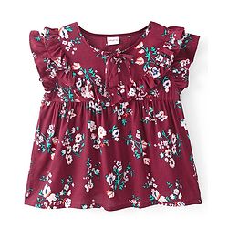 Babyhug Cotton Rayon Woven Frill Sleeves Frock Style Top with Floral Print - Maroon