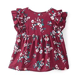 Babyhug Cotton Rayon Woven Frill Sleeves Frock Style Top with Floral Print - Maroon