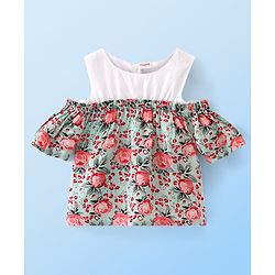 Babyhug Rayon Woven Half Sleeves Cold Shoulder Woven Top with All Over Floral Print - Light Blue