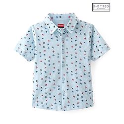 Babyhug 100% Cotton Knit Half Sleeves Regular Collar Shirt Airplane Print - Blue