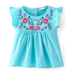 Babyhug Rayon Woven Frill Sleeves Top Floral Embroidery- Blue