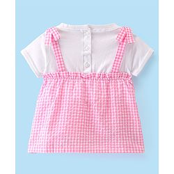 Babyhug Seer Sucker Woven Half Sleeves Checks Top Floral Embroidery- Pink & White