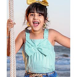 Babyhug Seer Sucker Sleeveless Woven Top with Smocking & Bow Detailing Checkered - Green & White
