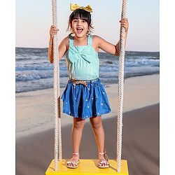 Babyhug Seer Sucker Sleeveless Woven Top with Smocking & Bow Detailing Checkered - Green & White