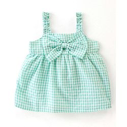 Babyhug Seer Sucker Sleeveless Woven Top with Smocking & Bow Detailing Checkered - Green & White