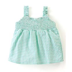 Babyhug Seer Sucker Sleeveless Woven Top with Smocking & Bow Detailing Checkered - Green & White