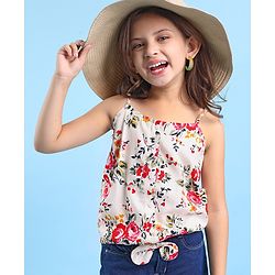 Babyhug 100% Rayon Woven Sleeveless Top with Floral Print & Bow Detailing - White