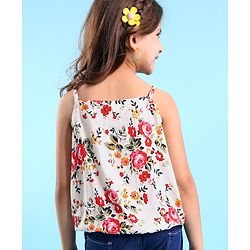 Babyhug 100% Rayon Woven Sleeveless Top with Floral Print & Bow Detailing - White