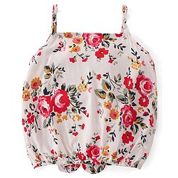 Babyhug 100% Rayon Woven Sleeveless Top with Floral Print & Bow Detailing - White