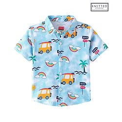 Babyhug Cotton Knit Half Sleeves Regular Collar Car Printed Shirt - Blue