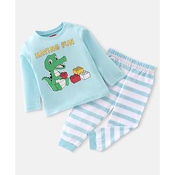 Babyhug Cotton Knit Full Sleeves Night Suit With Dino Print - Blue & White