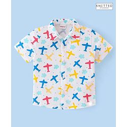 Babyhug 100% Cotton Knit Half Sleeves Regular Collar Shirt Airplane Print - White