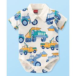 Babyhug 100% Cotton Half Sleeves Onesies With Truck Print - White