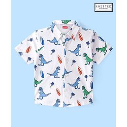 Babyhug Cotton Knit Half Sleeves Regular Collar Dino Printed Shirt - White