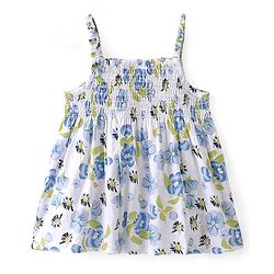 Babyhug 100% Cotton WovenSleeveless Singlet  Top with Smocking & Bow Detailing Floral Print - White
