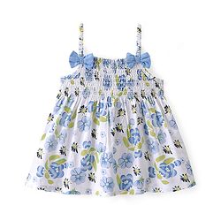 Babyhug 100% Cotton WovenSleeveless Singlet  Top with Smocking & Bow Detailing Floral Print - White