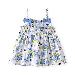 Babyhug 100% Cotton WovenSleeveless Singlet  Top with Smocking & Bow Detailing Floral Print - White