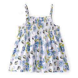 Babyhug 100% Cotton WovenSleeveless Singlet  Top with Smocking & Bow Detailing Floral Print - White