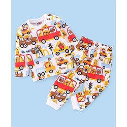 Babyhug Single Jersey Knit Full Sleeves Trucks Printed Night Suit - White