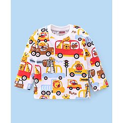 Babyhug Single Jersey Knit Full Sleeves Trucks Printed Night Suit - White