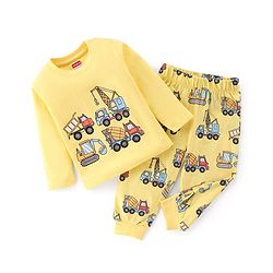 Babyhug Cotton Single Jersey Knit Full Sleeves Night Suit Construction Vehicle Print - Yellow