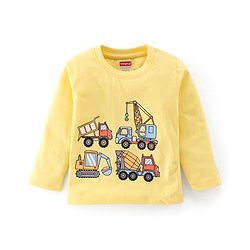 Babyhug Cotton Single Jersey Knit Full Sleeves Night Suit Construction Vehicle Print - Yellow