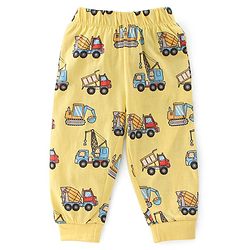 Babyhug Cotton Single Jersey Knit Full Sleeves Night Suit Construction Vehicle Print - Yellow