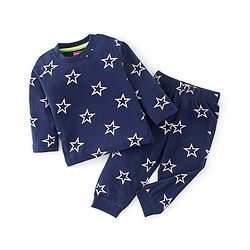 Babyhug Cotton Single Jersey Knit Full Sleeves Night Suit With Star Print - Navy Blue