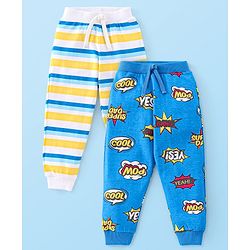 Babyhug Cotton Full Length Lounge Pants Striped & Text Printed Pack  of 2 - Blue & Yellow