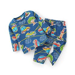 Babyhug Single Jersey Knit Full Sleeves Night Suit Car Print - Navy Blue