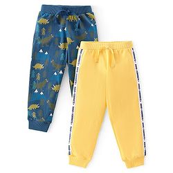 Babyhug Cotton Jersey Knit Full Length Lounge Pant Dino Printed Pack of 2 - Blue & Yellow
