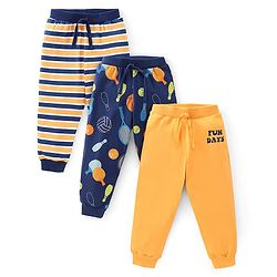 Babyhug Cotton Full Length Lounge Pant Stripes & Bowling Print Pack of 3- Blue & Yellow