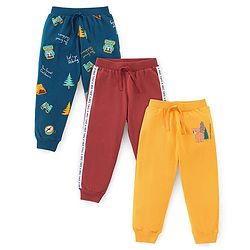 Babyhug Cotton Knit Full Length Vacation Print Lounge Pants Pack of 3 - Navy Maroon & Yellow