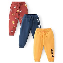 Babyhug Cotton Knit Full Length Lounge Pant Text Print Pack Of 3 - Maroon Yellow & Navy Blue