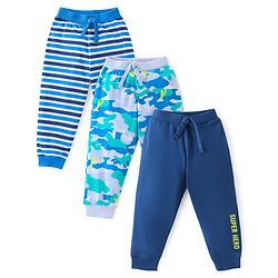 Babyhug Cotton Knit Full Length Camo Print Lounge Pants Pack of 3 - Blue