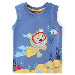 Babyhug 100% Cotton Knit Sleeveless T-Shirt with Teddy Graphics - Blue