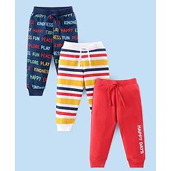 Babyhug Cotton Knit Full Length Lounge Pants Striped & Text Printed Pack of 3 - Blue Yellow & Red